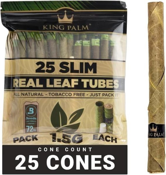 King Palm Slim Size Natural Pre Wrap Palm Leafs (1 Pack of 25, 25 Rolls Total) - Pre Rolled Cones - All Natural Cones - Corn Husk Filter - Preroll Cones - Prerolled Cones with Filter - Organic Cones